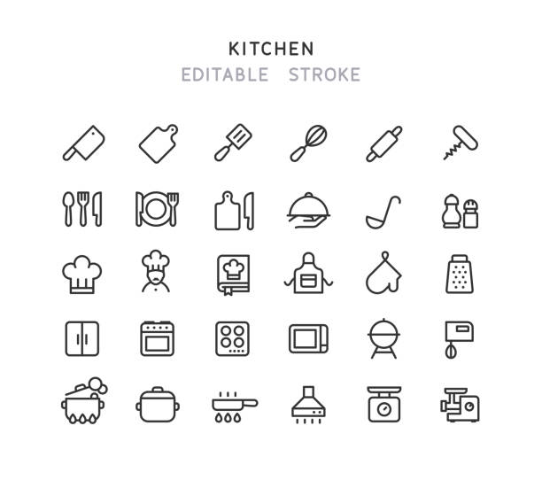 주방 라인 아이콘 편집 가능한 스트로크 - wire whisk symbol computer icon spatula stock illustrations