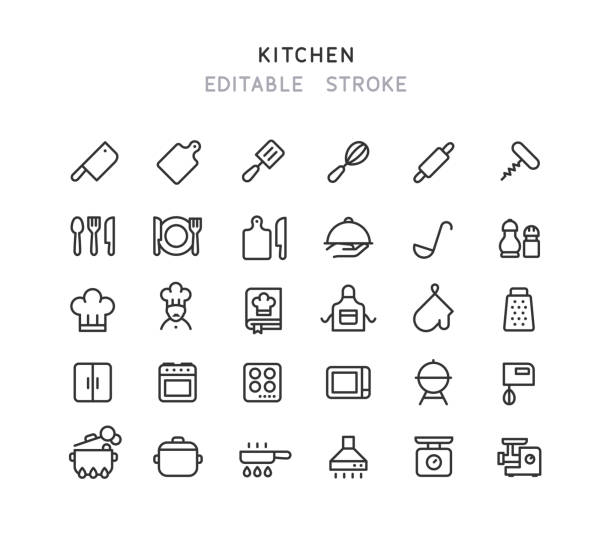 ilustrações de stock, clip art, desenhos animados e ícones de kitchen line icons editable stroke - fork kitchen utensil spoon eating utensil