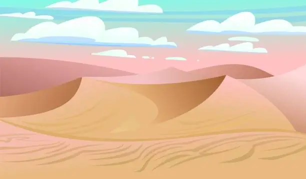 Vector illustration of Soft pink morning start of hot day. Wind turbines generate electricity. Landscape of southern countryside. Dunes in desert. Cool cartoon style. Vector