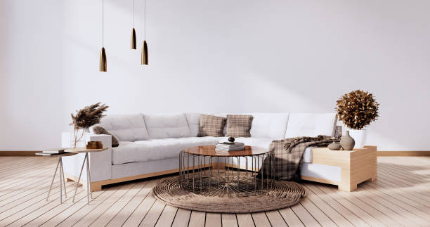 istock Loft style with white wall on wooden floor and sofa armchair on carpet.3D rendering 1364802494