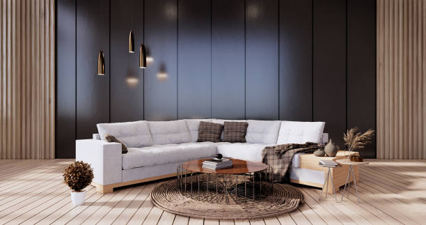 istock Minimalist interior ,Sofa furniture and plants, modern black room design.3D rendering 1364802500