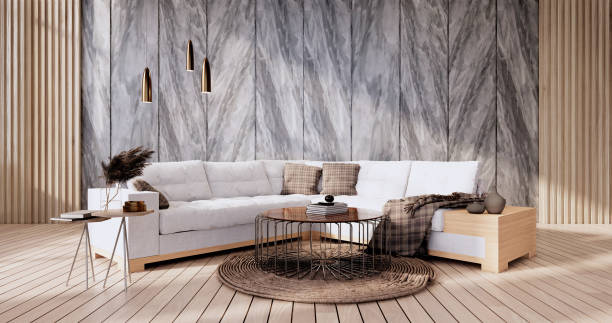 istock Loft style with white wall on wooden floor and sofa armchair on carpet.3D rendering 1364802502