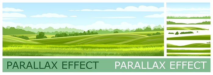 Countryside landscape with vegetable gardens and pastures. Solid layers for folding the picture with a parallax effect. Vector.