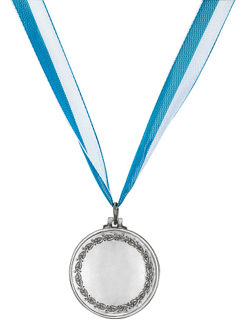 Silver medal with two color ribbon, isolated on a white background
