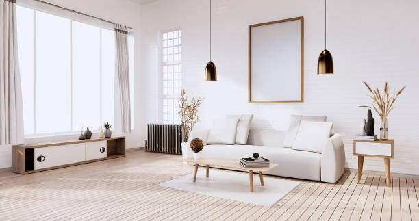 istock Loft style with white wall on wooden floor and sofa armchair on carpet.3D rendering 1364802649