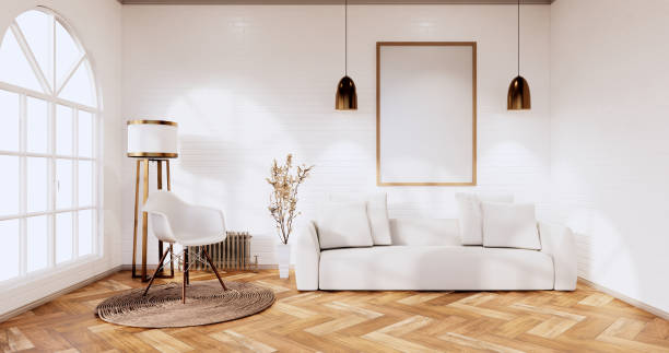 istock Loft style with white wall on wooden floor and sofa armchair on carpet.3D rendering 1364802936
