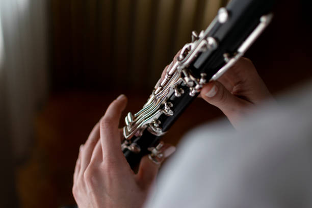 istock Young and beautiful lady, enjoying at her home by playing her clarinet, practicing near the window, enjoing her music and free time. 1364802976