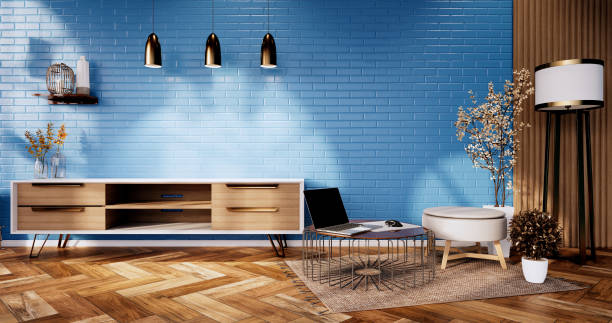 istock Tv cabinet in loft interior blue brick wall room minimal designs, 3d rendering 1364802983