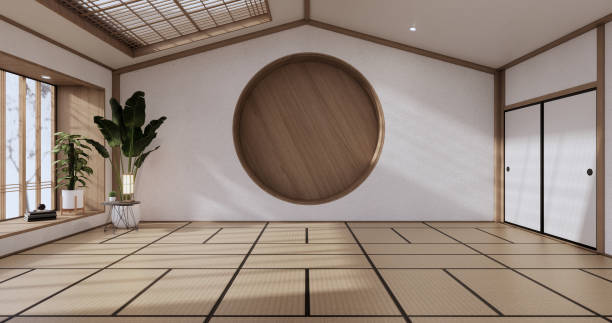 istock Circle shelf wall design, empty room japanese deisgn with tatami mat floor. 3D rendering