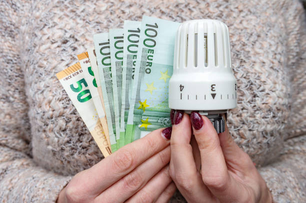 Woman's hands holds a thermostat for heating home and Euro currency. stock photo