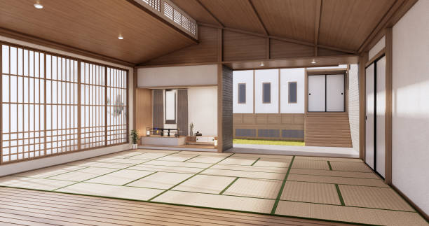 istock Interior, Empty room and tatami mat floor room japanese style. 3D rendering 1364808051