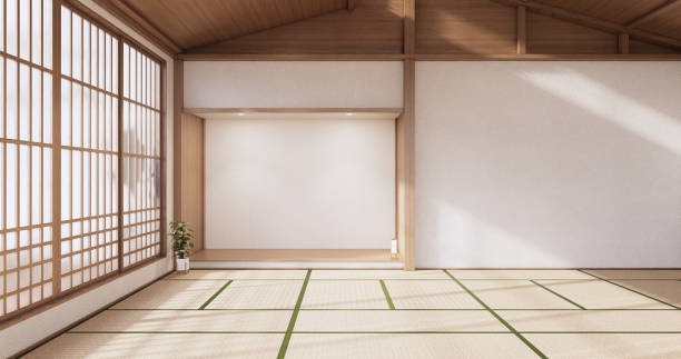 istock Interior, Empty room and tatami mat floor room japanese style. 3D rendering 1364808056