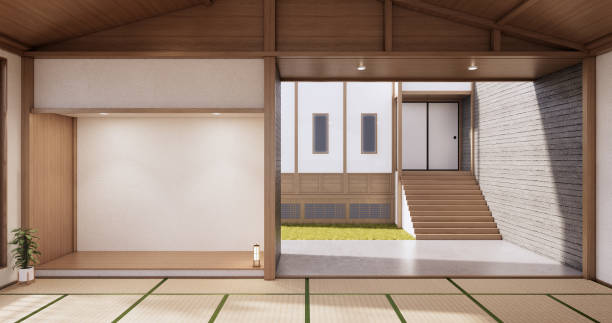 istock Interior, Empty room and tatami mat floor room japanese style. 3D rendering 1364808058