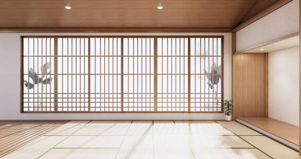 istock Interior, Empty room and tatami mat floor room japanese style. 3D rendering 1364808059