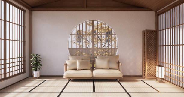 istock Sofa japanese on room tropical interior with tatami mat floor and white wall.3D rendering 1364808683