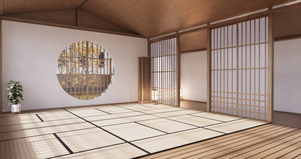 istock Interior, Empty room and tatami mat floor room japanese style. 3D rendering 1364809215