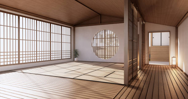 istock Interior, Empty room and tatami mat floor room japanese style. 3D rendering 1364809294