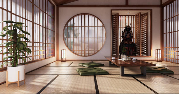 istock Sofa japanese on room tropical interior with tatami mat floor and white wall.3D rendering 1364809324