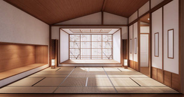istock Interior, Empty room and tatami mat floor room japanese style. 3D rendering 1364809388