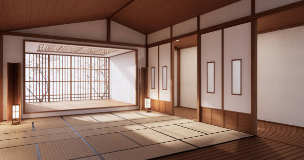 istock Interior, Empty room and tatami mat floor room japanese style. 3D rendering 1364809416