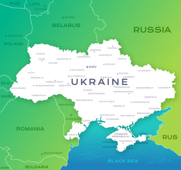 Map of Ukraine showing important cities, regional countries and capitals.