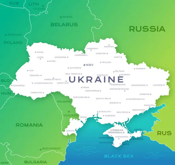 Vector illustration of Map of Ukraine with International Borders and Major Cities