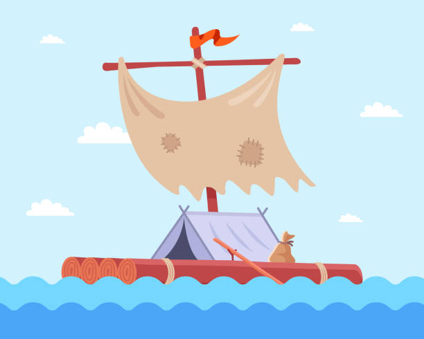 homemade wooden raft shipwreck survivor homemade wooden raft shipwreck survivor. flat vector illustration. castaway stock illustrations