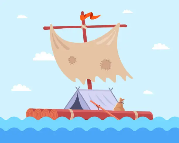 Vector illustration of homemade wooden raft shipwreck survivor