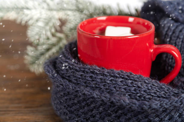istock Knitted scarf and red mug with hot chocolate. 1364815094
