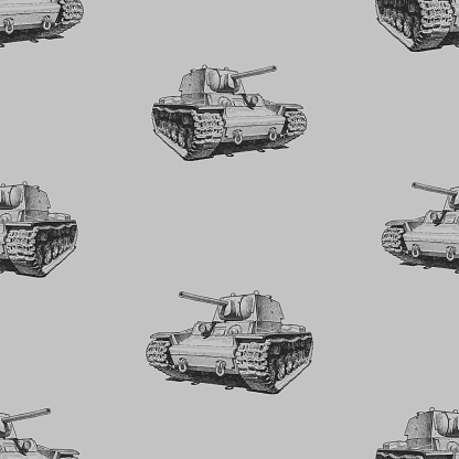 Seamless pattern of sketches old battle tanks of Second world War
