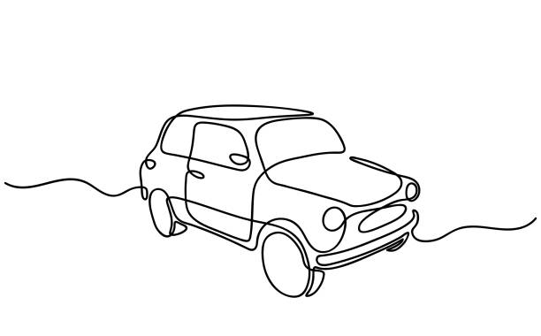 Continuous One Line drawing of Car. Abstract small Old fashion vehicle in minimalism style. Continuous hand drawn sketch. Vector Continuous One Line drawing of Car. Abstract small Old fashion vehicle in minimalism style. Continuous hand drawn sketch. Vector illustration garage clipart stock illustrations