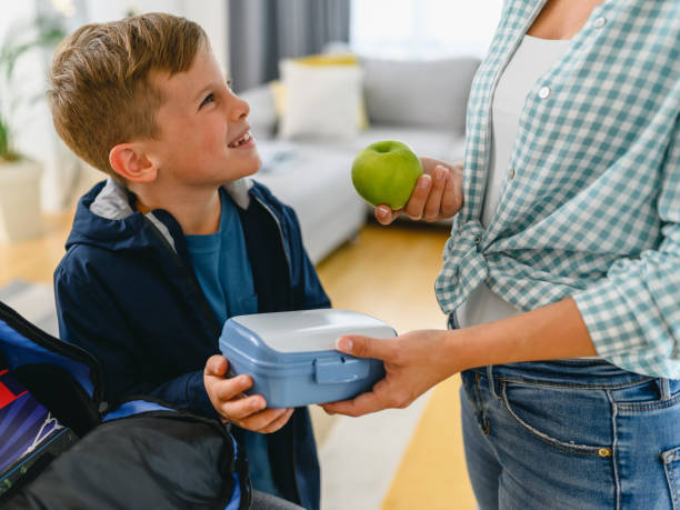 enfant d’école prenant la boîte à lunch de sa mère - lunch box photos et images de collection