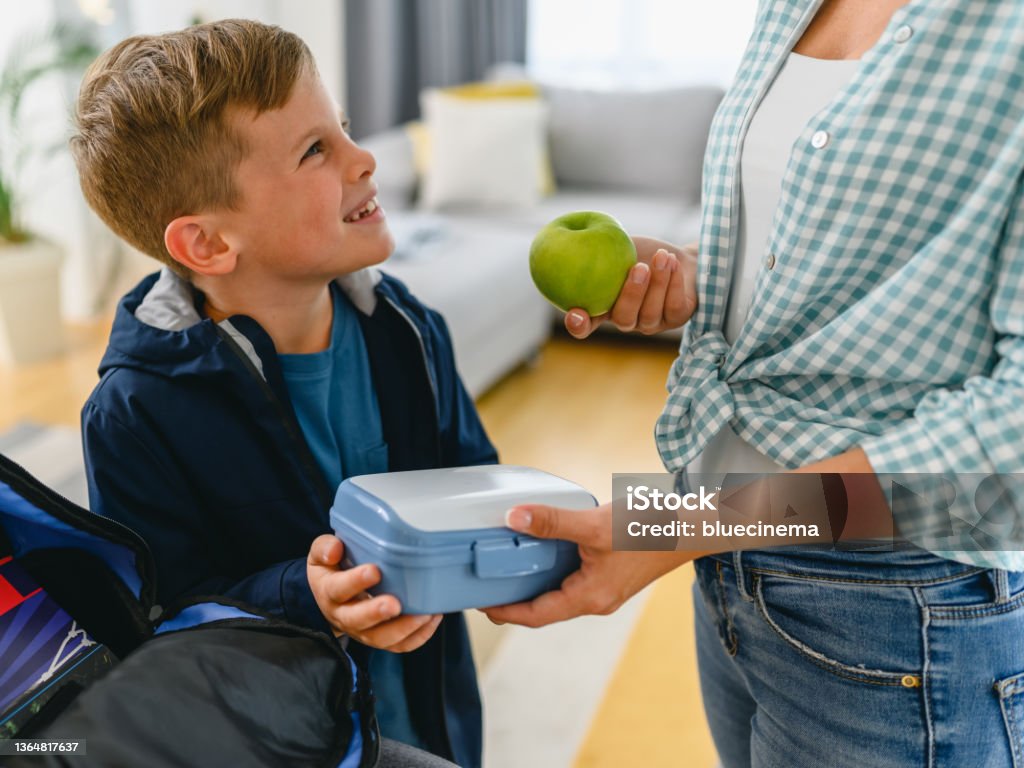School child taking lunch box from his mother Mother and her 6 years old boy preparing lunch for school Lunch Box Stock Photo