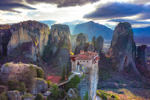 View of Meteora Monastery, Greece. Geological formations of big rocks with Monasteries  on top of them.