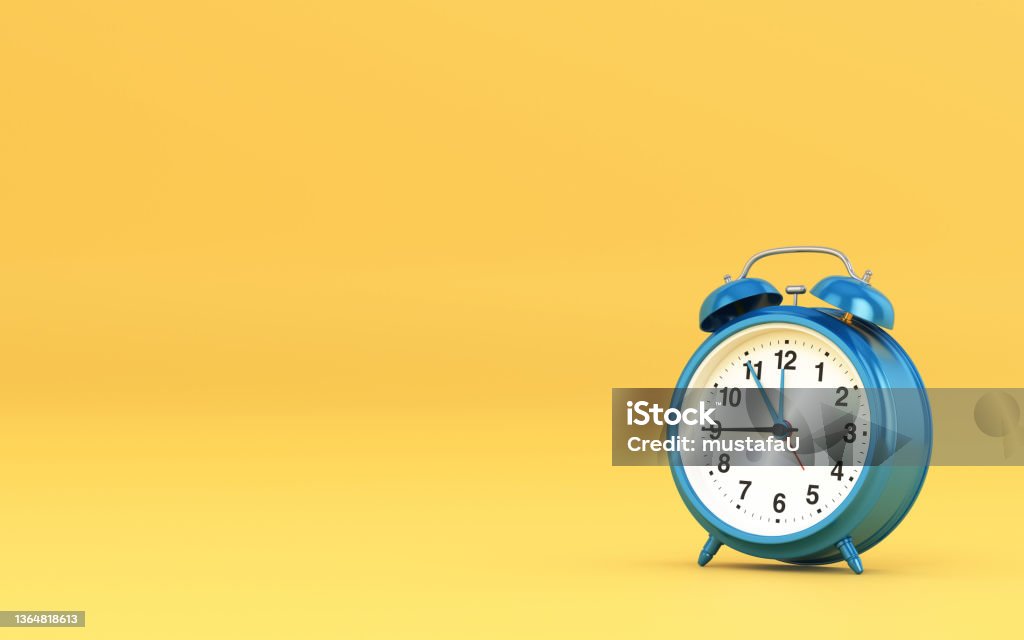 3d Render Blue Alarm Clock on Yellow background stock photo Alarm Clock Stock Photo