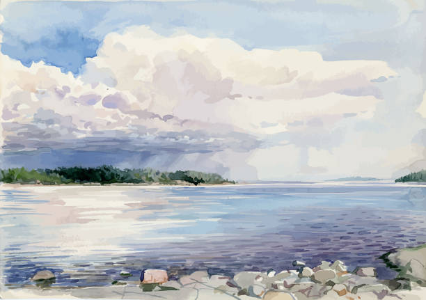 aquarell-vektorzeichnung der meereslandschaft mit regenwolke am horizont am sommertag - wasserrand stock-grafiken, -clipart, -cartoons und -symbole