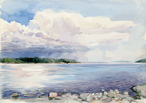 Watercolor vector drawing of seascape with rainy cloud on horizon on summer day