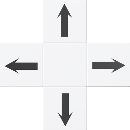 Black arrows point up, down, left, right on a white tile. 3d rendering.