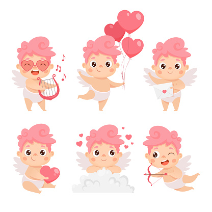 Cute baby cupid collection. Valentine's day cartoon vector set.