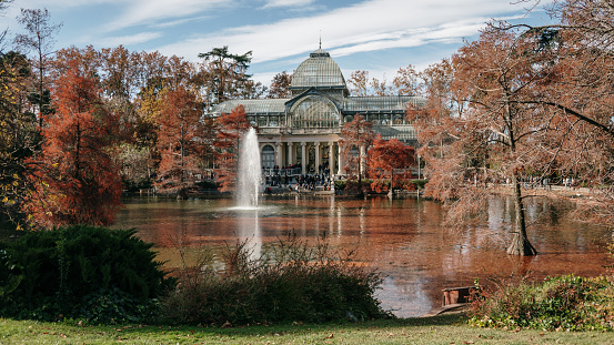 Palacio de Cristal in Madrid, Spain, with beautiful autumn colors