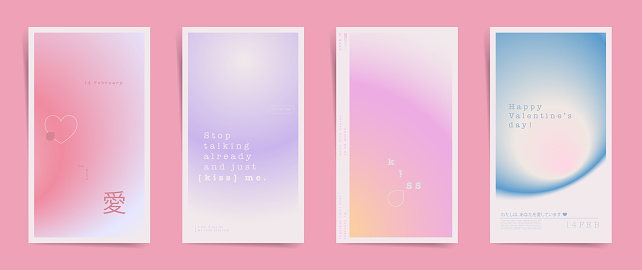 Japanese means - love, i love you. Valentine day stories banners fashion template posts. Modern design for stories and promo posts. Design with vibrant gradients in pink, blue and lilac colors set.
