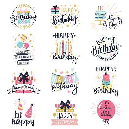 Happy birthday logo badge. Greeting lettering, cake, balloons and candle birthday greeting card decoration design vector illustration icons set. Greeting celebrate label, birthday celebration