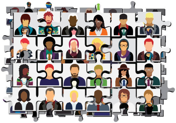 ilustrações de stock, clip art, desenhos animados e ícones de social network scheme, which contains people icons in the form of jigsaw puzzle pieces (option without face). - unrecognizable person human face large group of people crowd