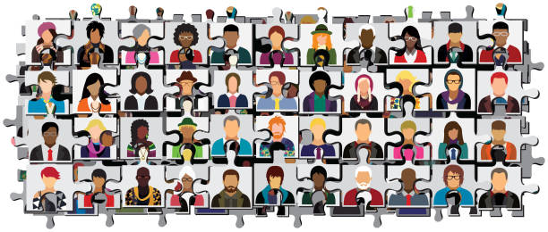 soziales netzwerkschema, das personensymbole in form von puzzleteilen enthält (option ohne gesicht). - unrecognizable person human face large group of people crowd stock-grafiken, -clipart, -cartoons und -symbole