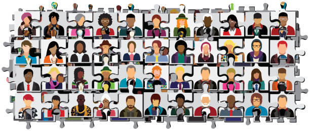 schemat sieci społecznościowej, który zawiera ikony ludzi w postaci puzzli (opcja bez twarzy). - unrecognizable person human face large group of people crowd stock illustrations