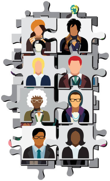 ilustrações de stock, clip art, desenhos animados e ícones de social network scheme, which contains people icons in the form of jigsaw puzzle pieces (option without face). - unrecognizable person human face large group of people crowd