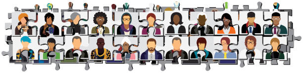 schemat sieci społecznościowej, który zawiera ikony ludzi w postaci puzzli (opcja bez twarzy). - unrecognizable person human face large group of people crowd stock illustrations