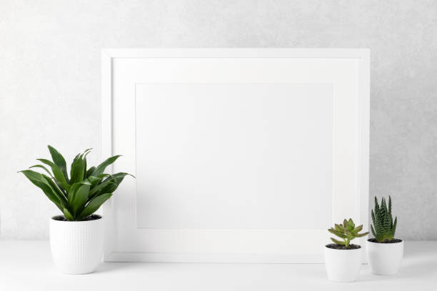 istock Frame mockup with white wooden frame on a white table, houseplants. Show text or product. 1364826782