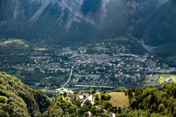 Le Bourg-d'Oisans from Ascent to Alpe d'Huez, France, 2021 stock photo