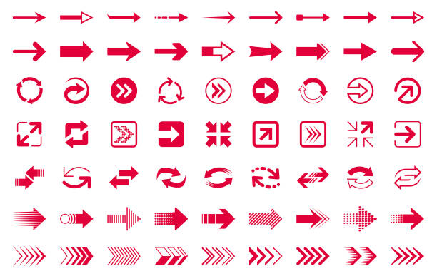 Arrows Set of red arrows. Vector design elements, different shapes. three directions stock illustrations